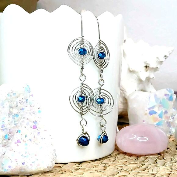 Boho Statement Cobalt Blue Dangle Earrings, Glass Beaded, Artisan 3.5" - Picture 3 of 8